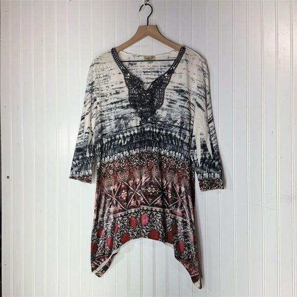 OneWorld 1X Boho Embroidered Tunic Top Tie-Dye Tribal Print Asymmetrical Hem - Picture 1 of 9